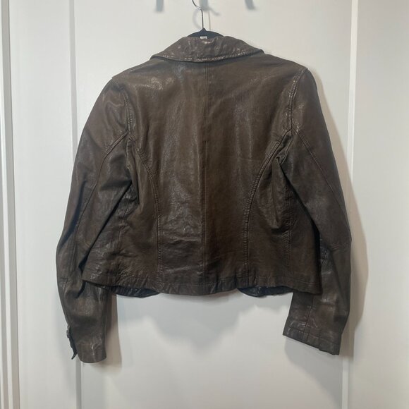 Boden Brown Leather Jacket Size 4 with Purple Polka Dot Lining - Picture 2 of 7